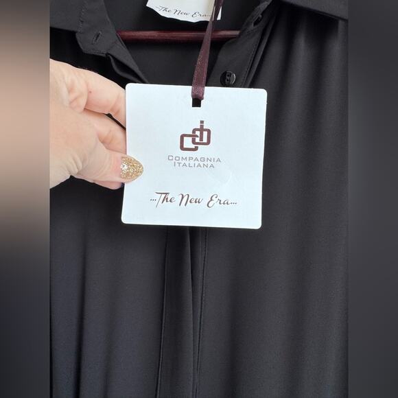 Compagnia Italiana Black Maxi Dress Button Down Stretch Tie Waist Luxury L/XL - Picture 4 of 10